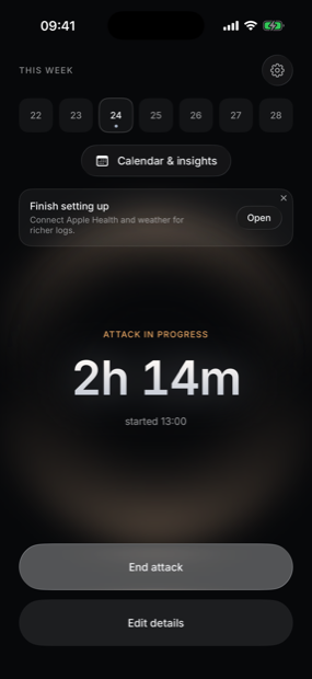Dim — attack in progress screen showing duration with a calm warm glow