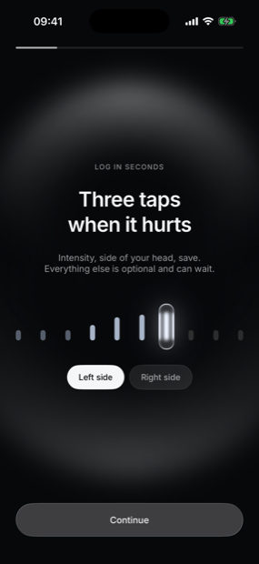 Dim headache diary — log a migraine attack in three taps: intensity, side, save