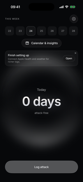 Dim migraine tracker — Today screen with attack-free streak and migraine calendar